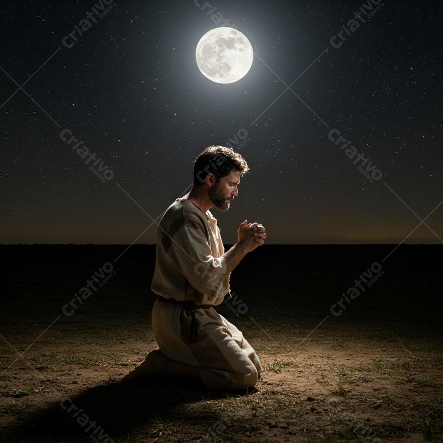 Homem barbudo orando ajoelhado sob a lua cheia e estrelas à noite com vestes simples