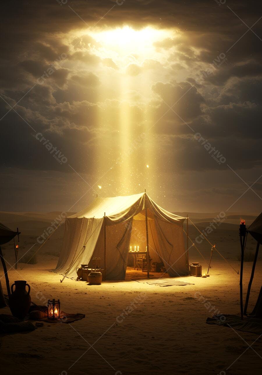 Tenda de acampamento no deserto à noite sob luz divina e velas acesas