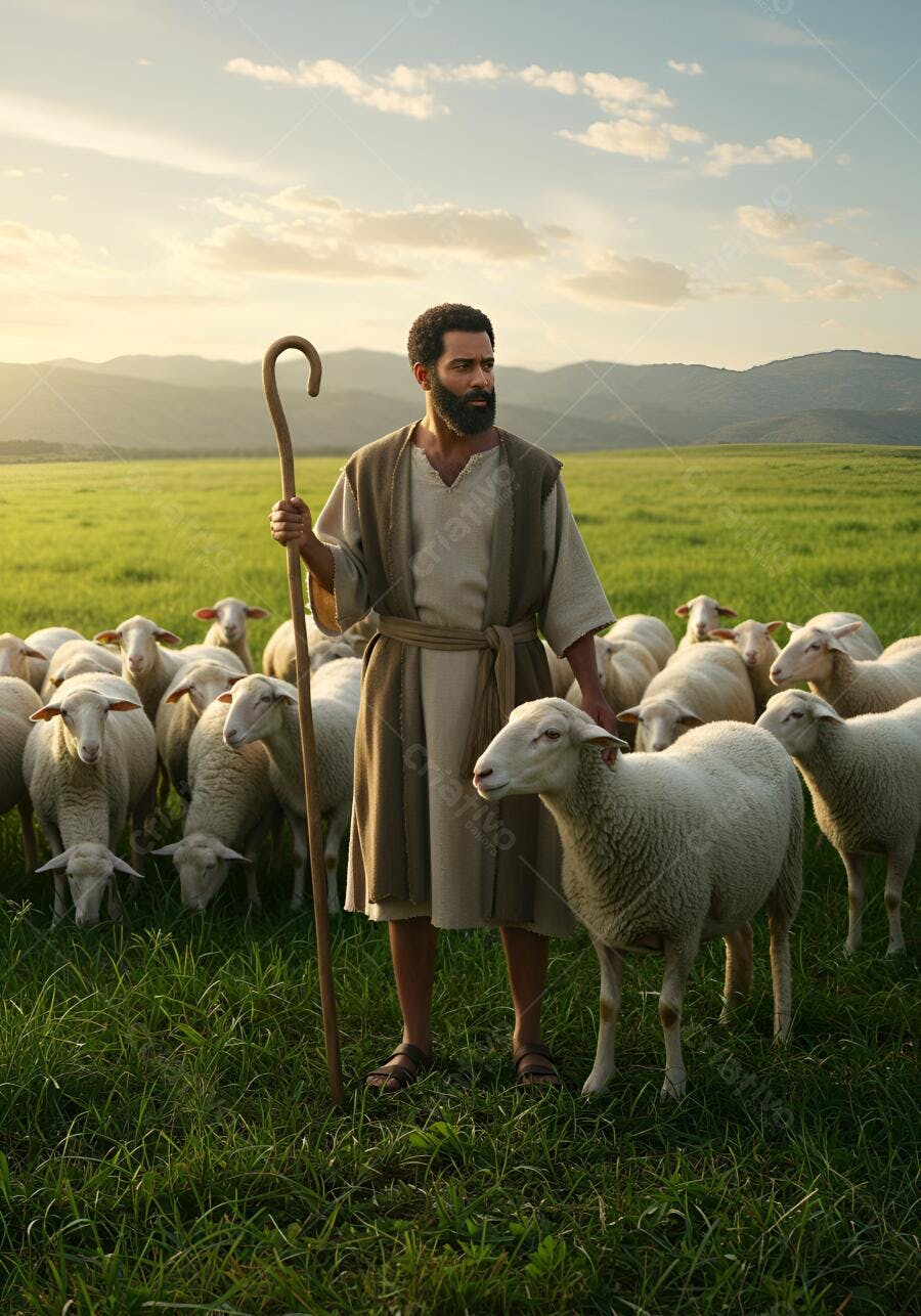 Pastor de barba negra com cajado e ovelhas brancas em campo verde ao pôr do sol