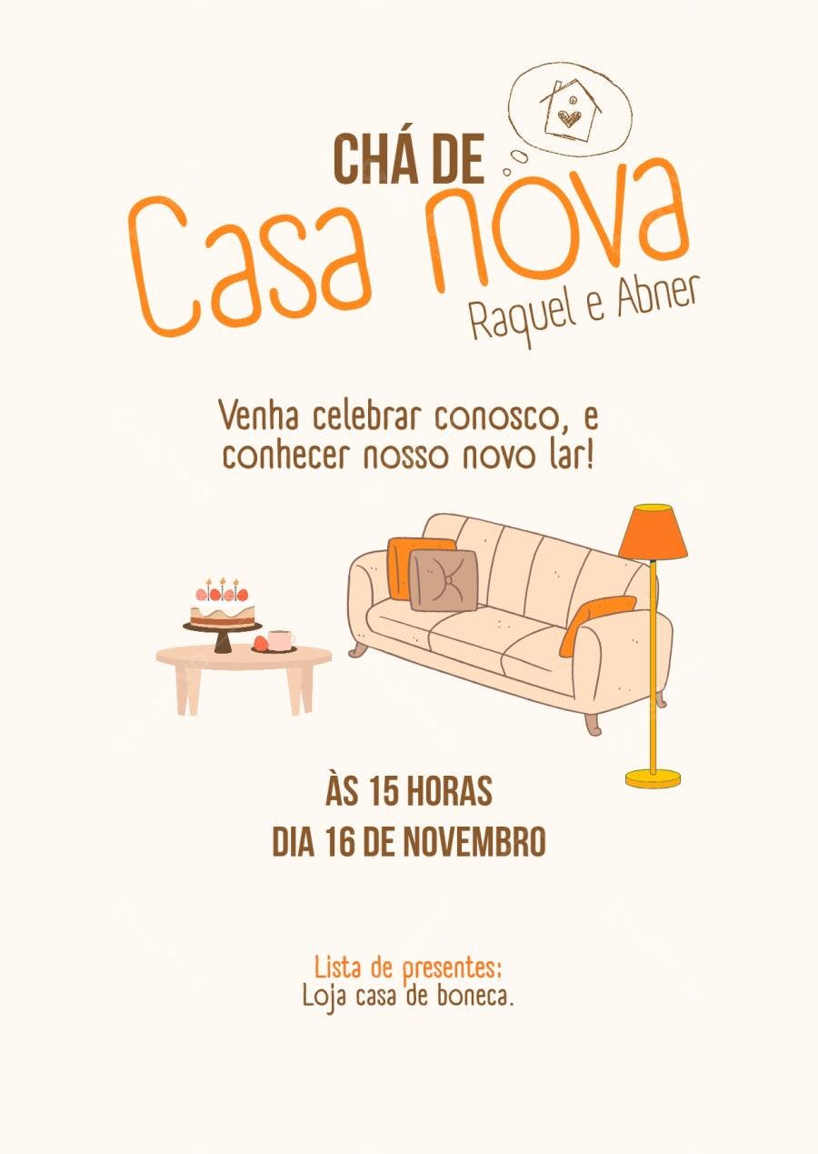 Convite Chá de Casa Nova aconchegante com sofá e bolo Editável no Canva