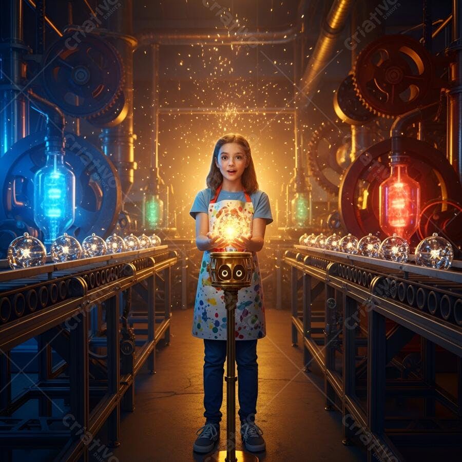 Jovem inventora com avental segurando luz mágica em fábrica steampunk futurista
