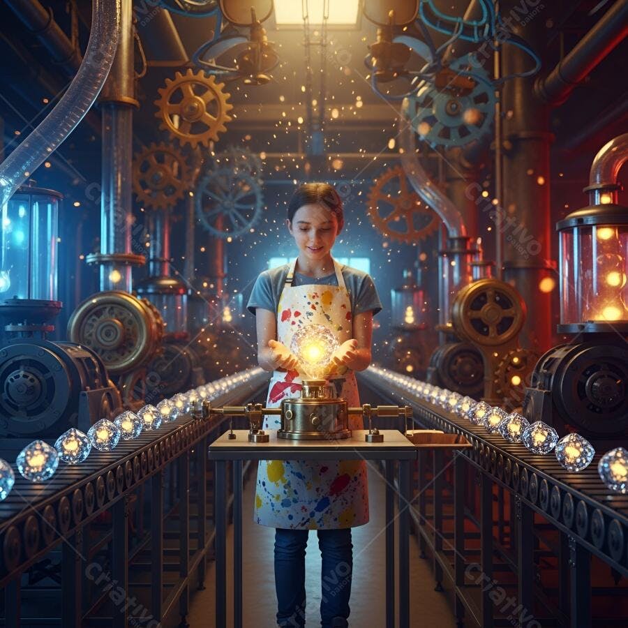 Menina inventora com orbe brilhante em laboratório steampunk de engrenagens