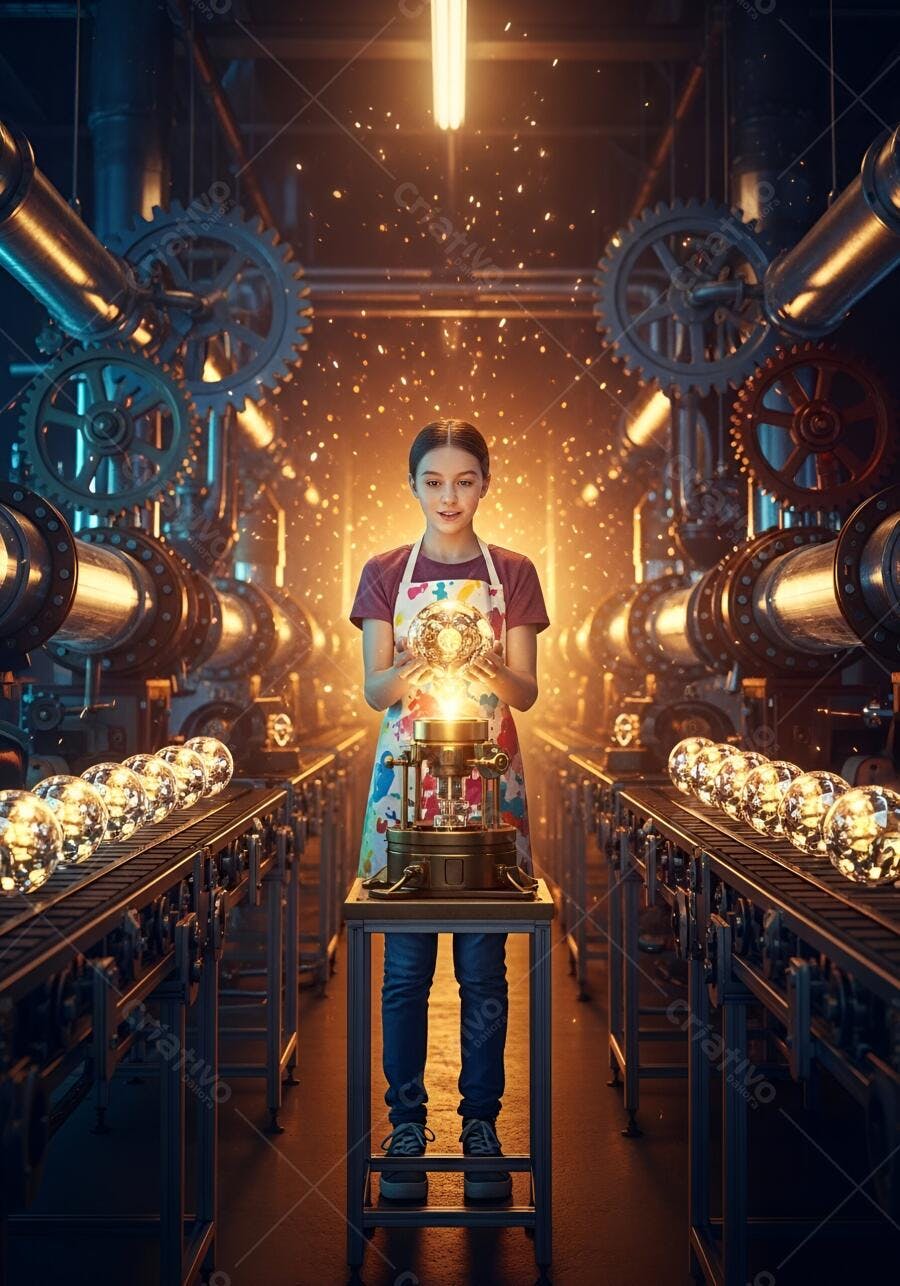 Jovem inventora cria luz mágica em fábrica steampunk cheia de engrenagens e tubos brilhantes