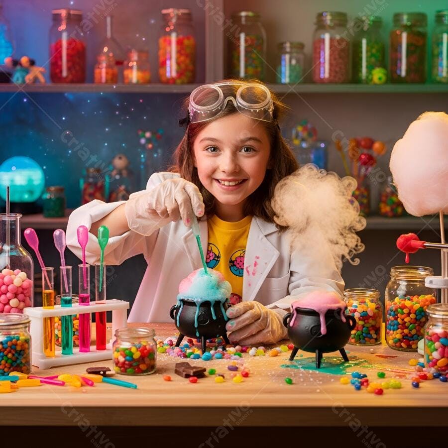 Menina cientista feliz experimentando com líquidos coloridos e fumaça em laboratório vibrante