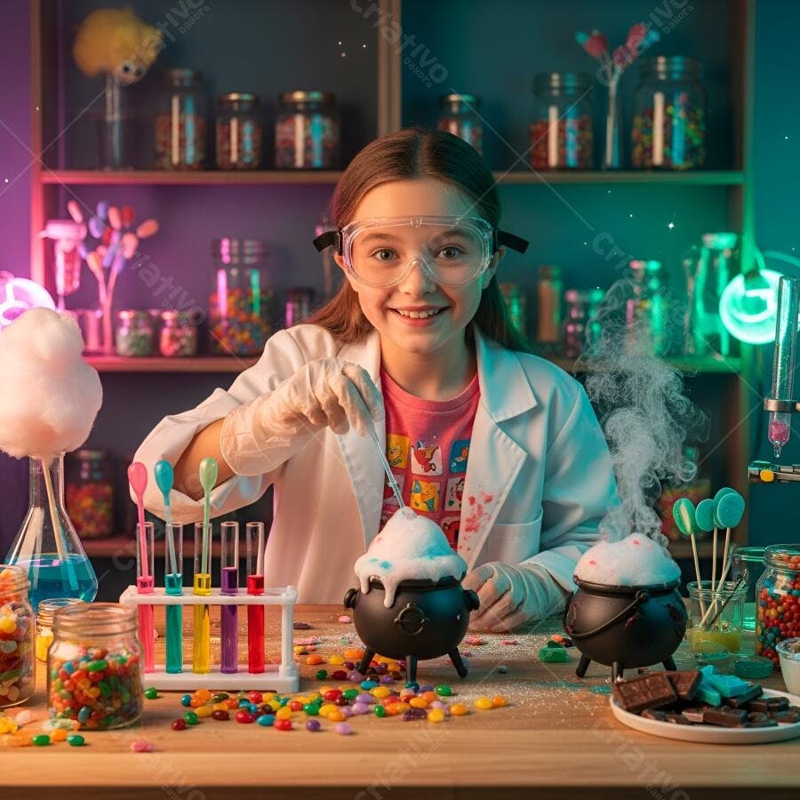 Menina cientista feliz com óculos de proteção fazendo experimento colorido divertido