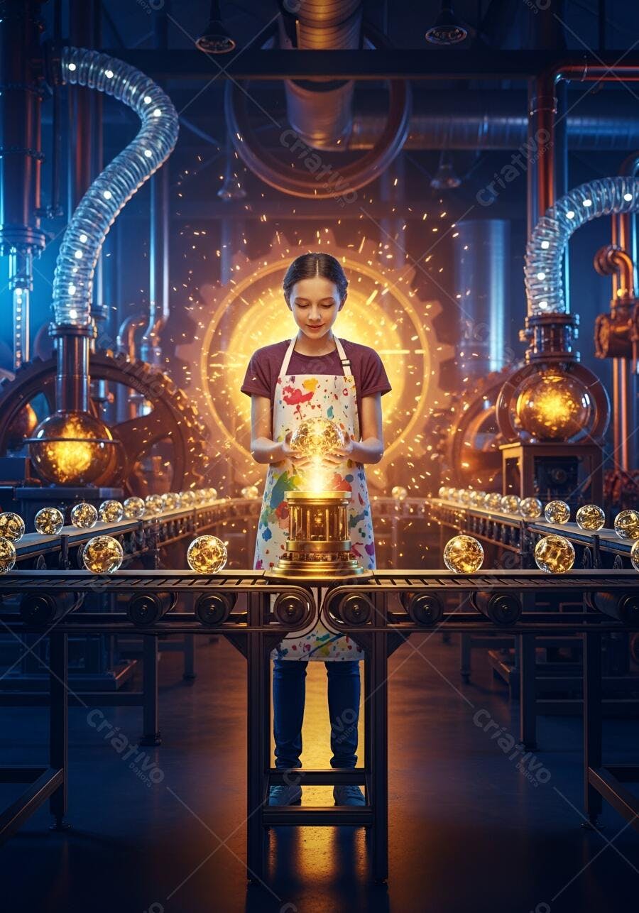 Menina criativa em fábrica steampunk fazendo orbes mágicas douradas