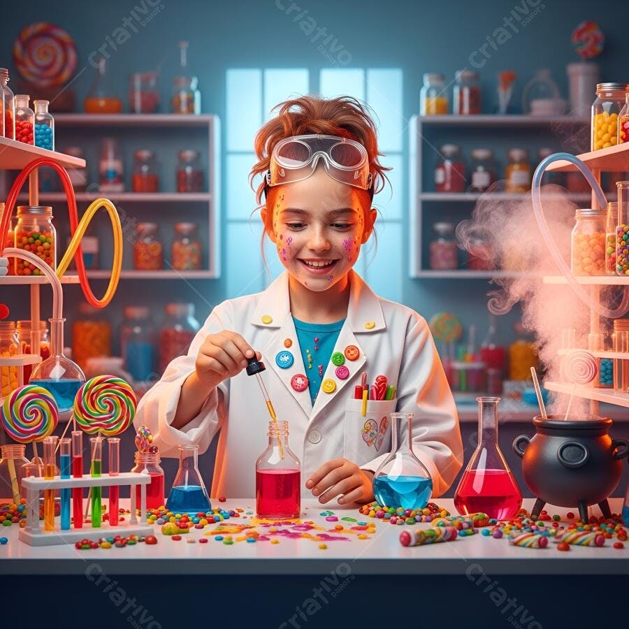 Menina cientista sorridente em laboratório de doces colorido e divertido