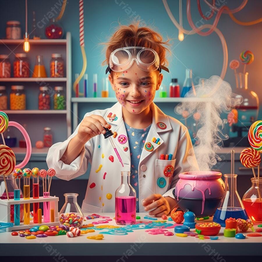Menina cientista feliz fazendo experimento de doces coloridos