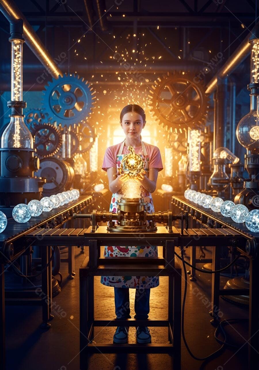 Menina inventor sorrindo em fábrica steampunk com luz dourada mágica