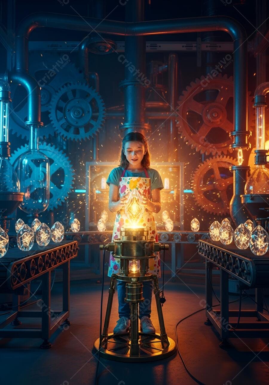 Menina curiosa em laboratório steampunk criando brilho mágico com avental colorido
