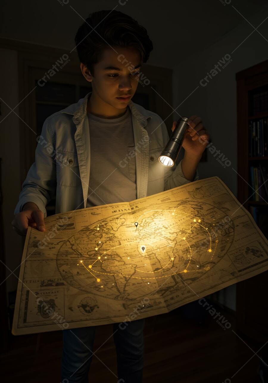 Jovem menino com lanterna explorando mapa antigo no escuro