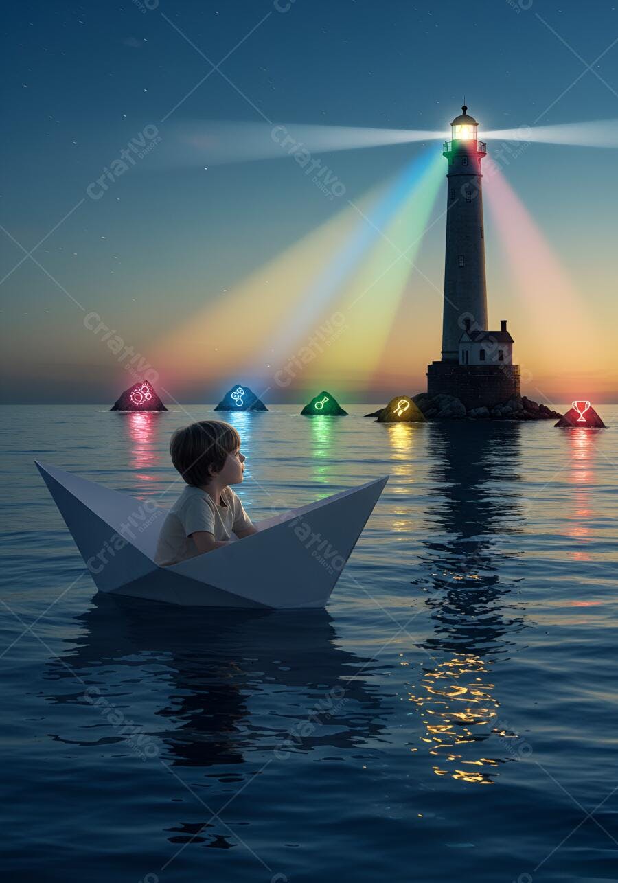 Menino em barco de papel com farol guia noturno e luzes coloridas