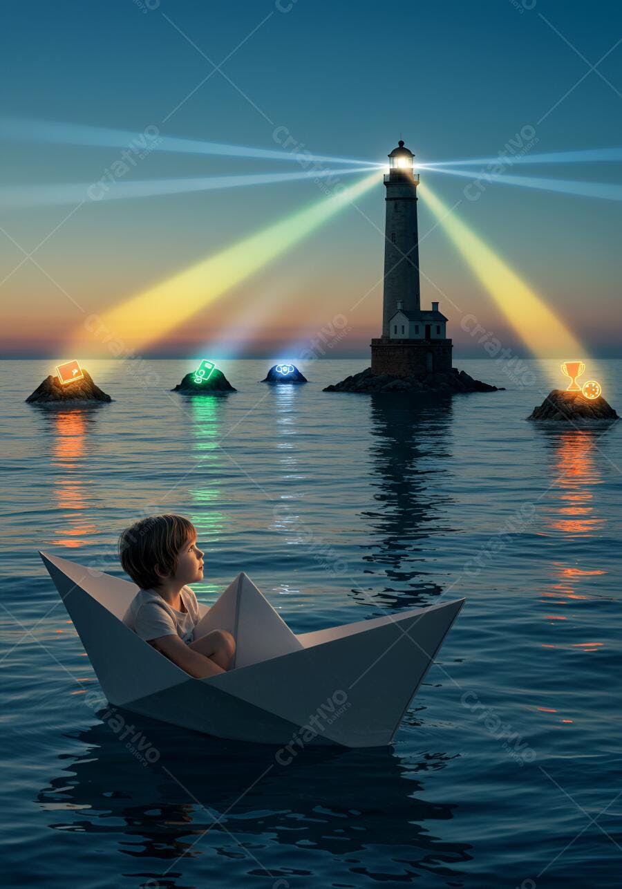 Menino em barco de papel rumo a farol com luzes coloridas e ícones de meta no mar