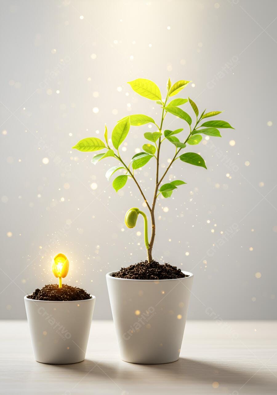Planta e broto jovem crescendo em vasos brancos com luz dourada e bokeh