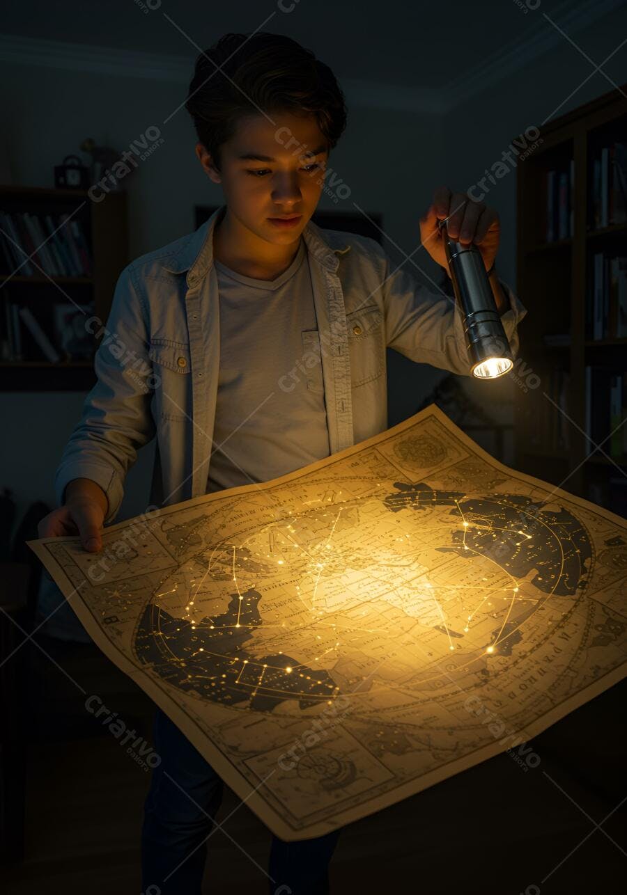 Menino jovem com lanterna sobre mapa antigo explorando segredos noturnos