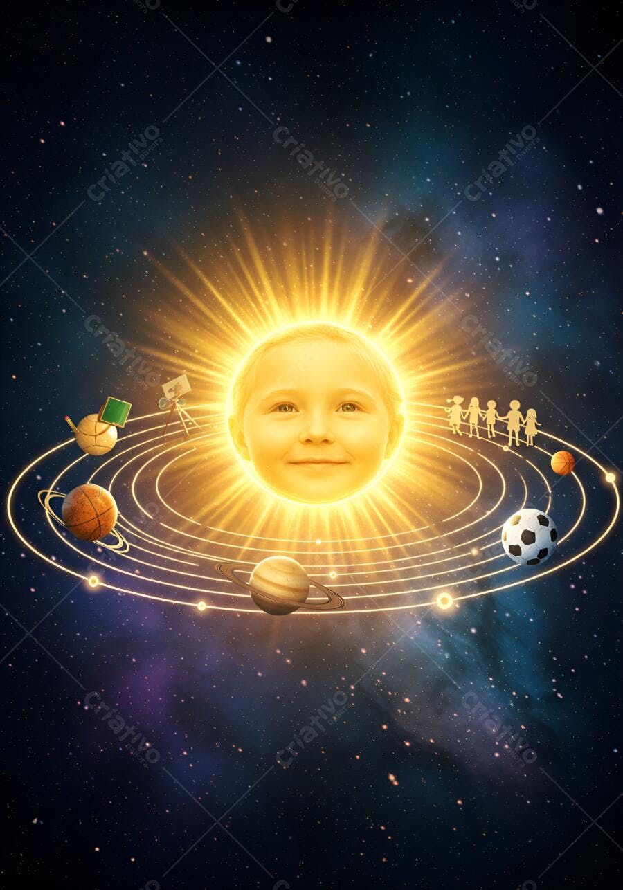 Rosto de criança loira como sol com planetas e objetos de aprendizado no espaço