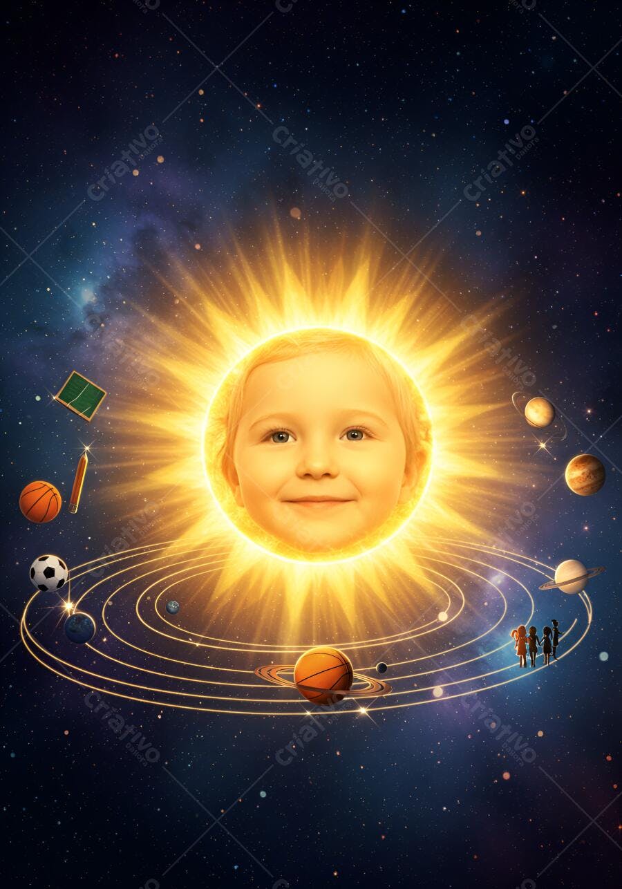Criança feliz como sol no sistema solar com planetas materiais escolares e crianças