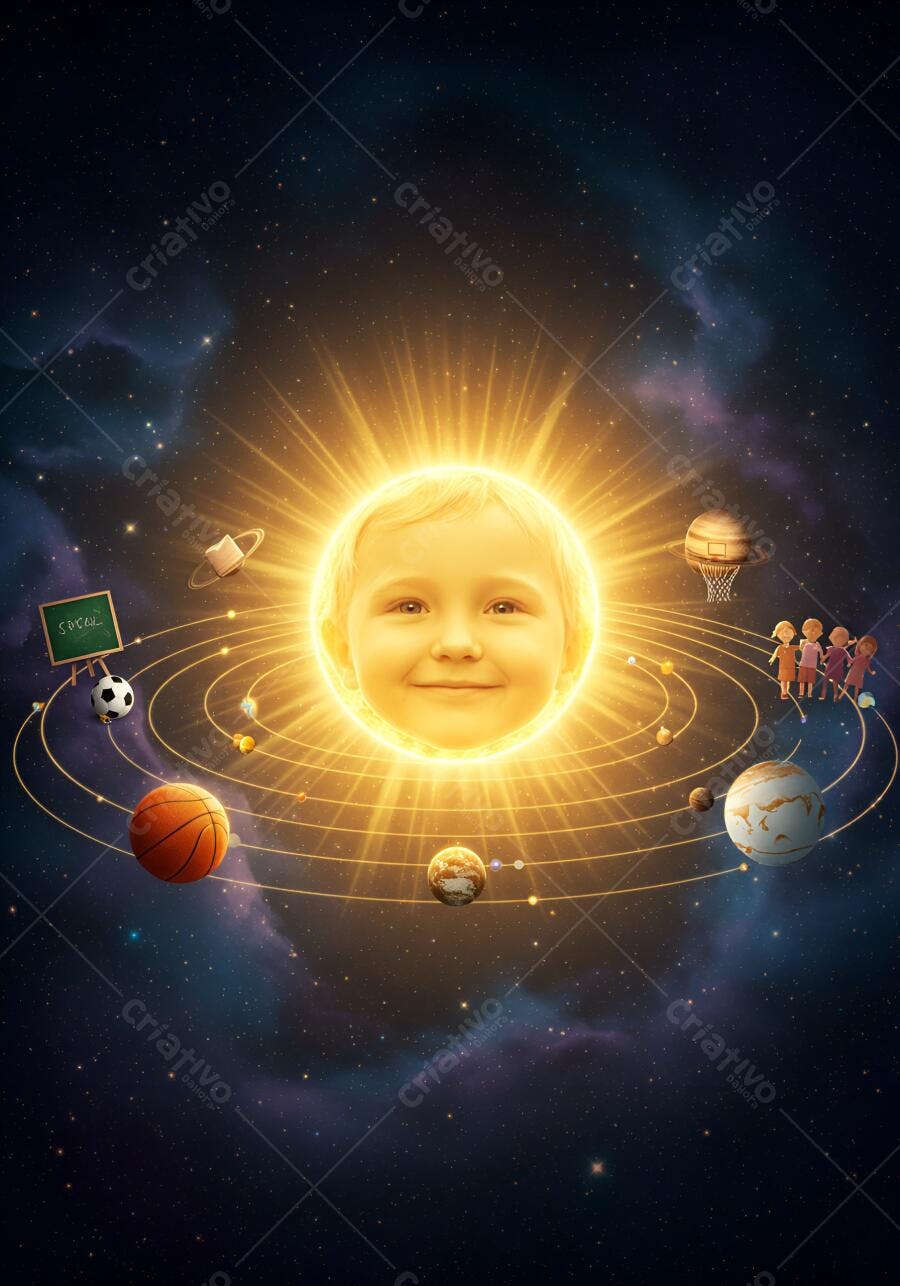 Criança sorridente como sol em sistema solar com planetas esportivos e crianças