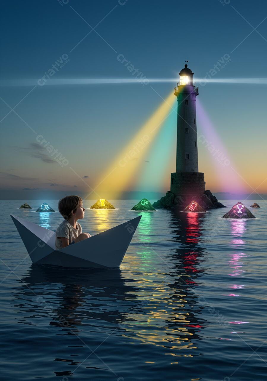 Menino em barco de papel à noite com farol e luzes coloridas