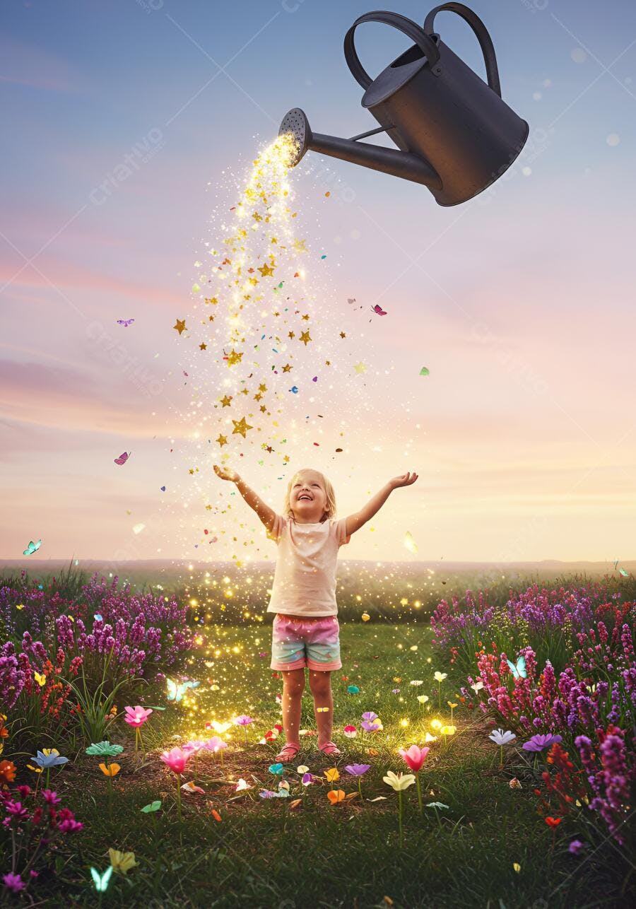 Menina loira feliz recebendo chuva de estrelas de regador mágico em campo florido