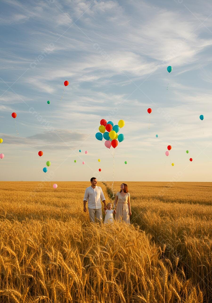 Família caucasiana feliz com balões coloridos em campo de trigo ao pôr do sol
