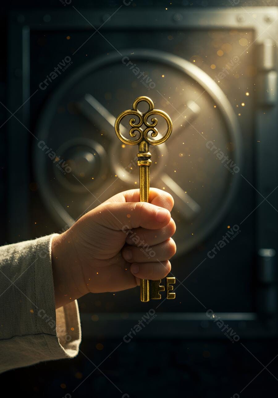 Mão segurando chave dourada ornamentada em frente a cofre escuro com partículas de luz