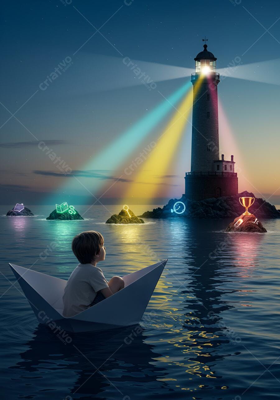 Menino em barco de papel à noite com farol e luzes coloridas simbolizando o futuro