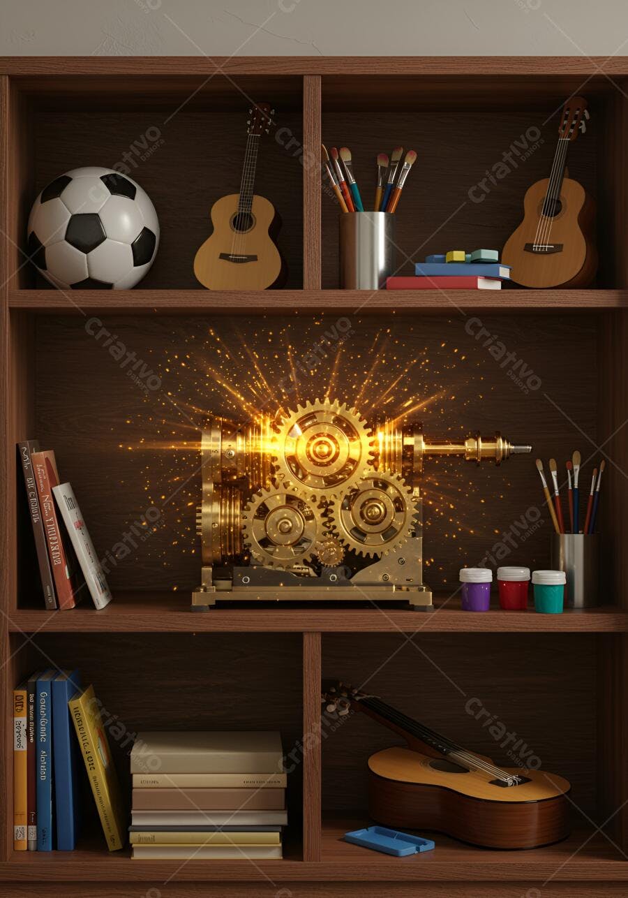 Engrenagens douradas com brilho intenso em estante de madeira com livros e hobbies