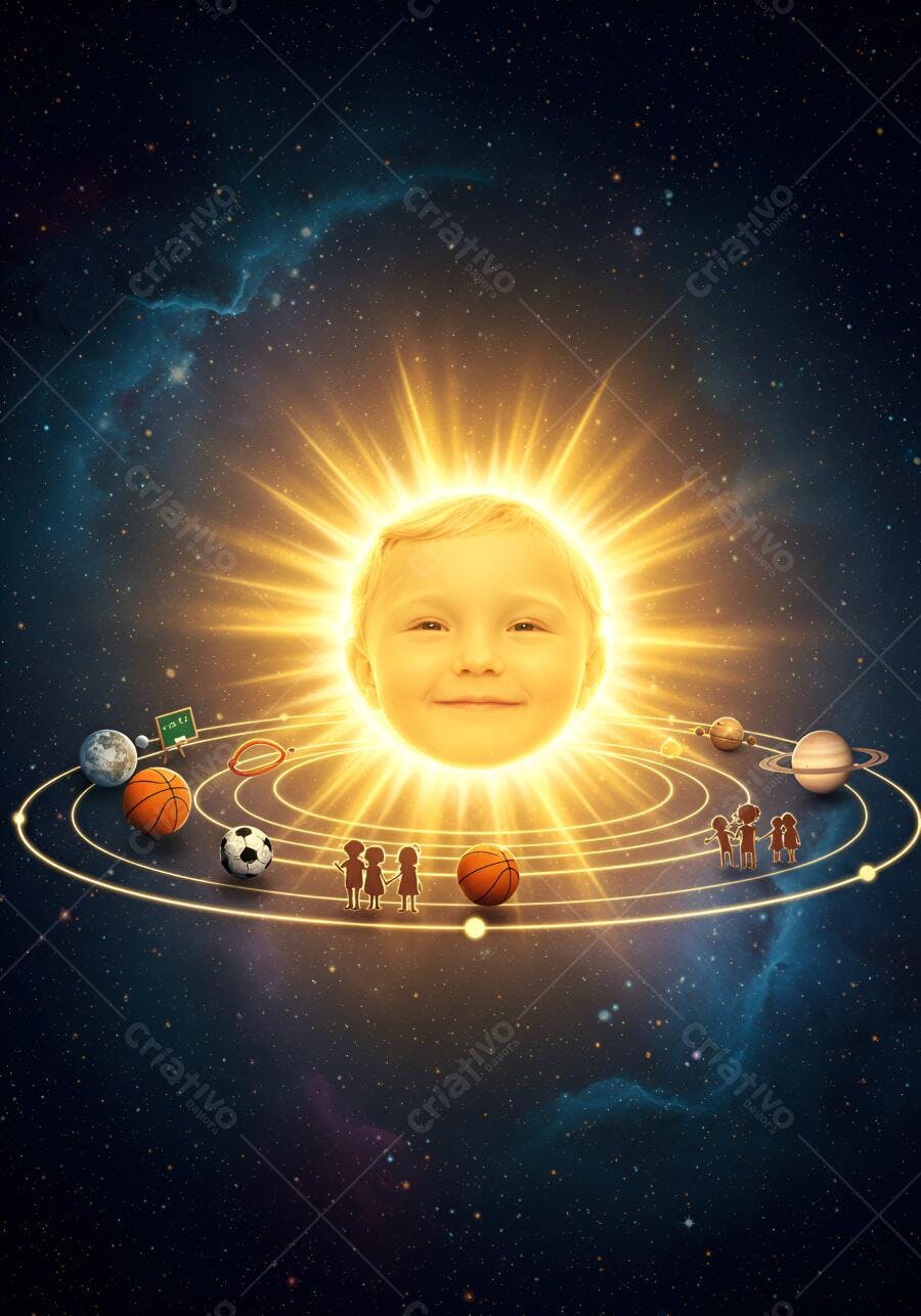 Criança loira sorridente como sol no universo com planetas e crianças silhuetas