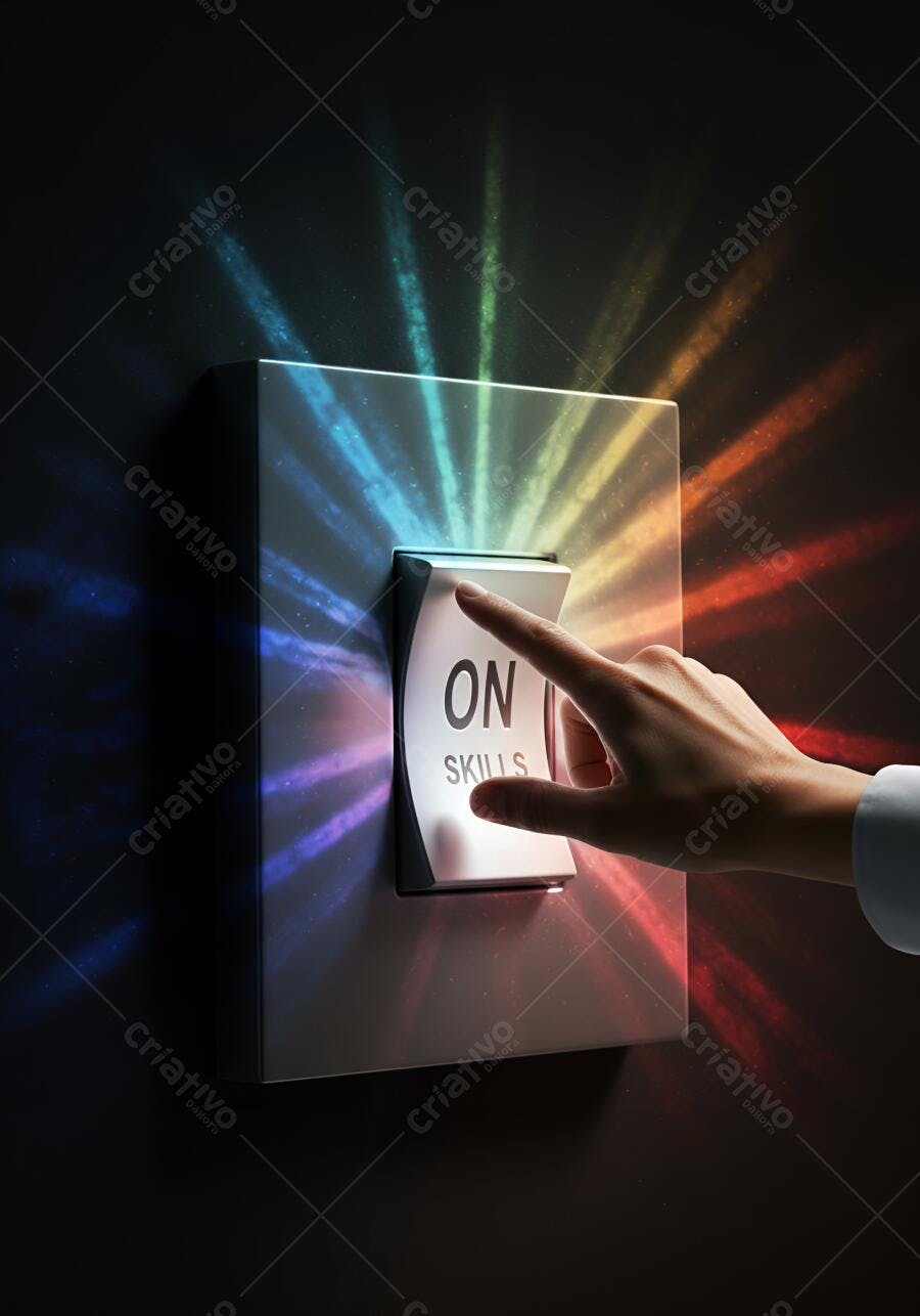 Mão ativando interruptor ON SKILLS com luzes coloridas vibrantes em fundo escuro