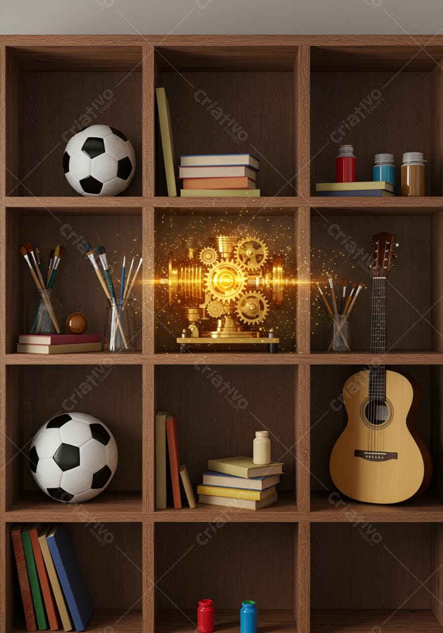 Estante de madeira com livros, instrumentos, bolas e engrenagens douradas brilhantes