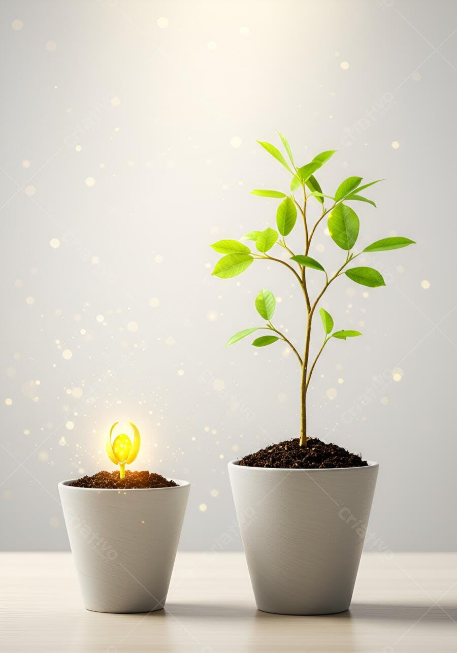 Planta verde e broto dourado luminoso em vasos brancos simbolizando crescimento