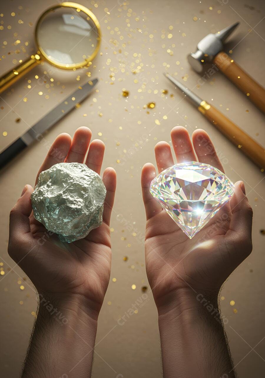 Mãos segurando diamante bruto e lapidado com ferramentas de joalheria e brilhos dourados