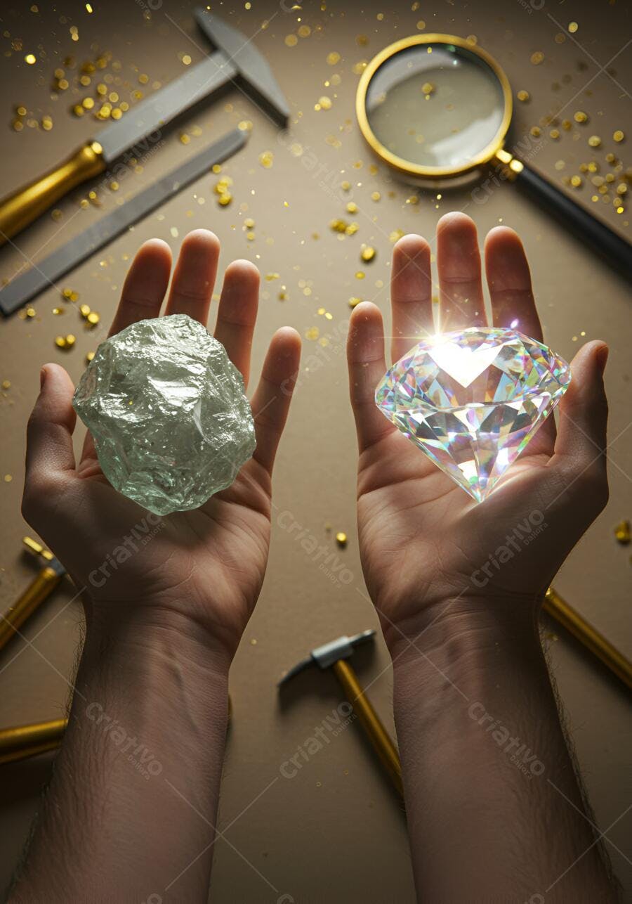 Mãos masculinas segurando diamante bruto e lapidado em mesa de joalheiro com ferramentas