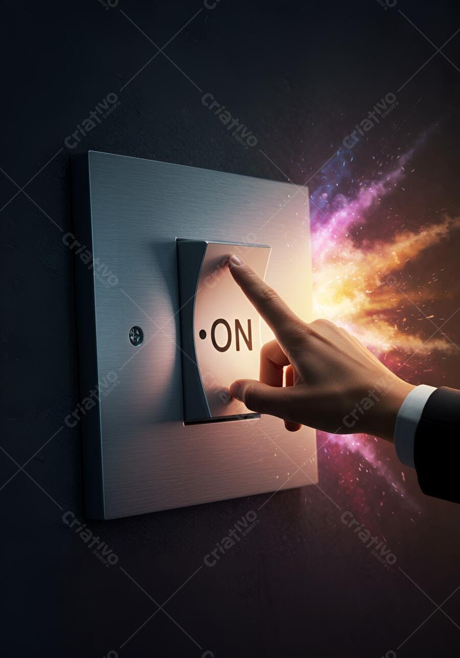 Mão de profissional ativando botão ON com explosão de energia colorida