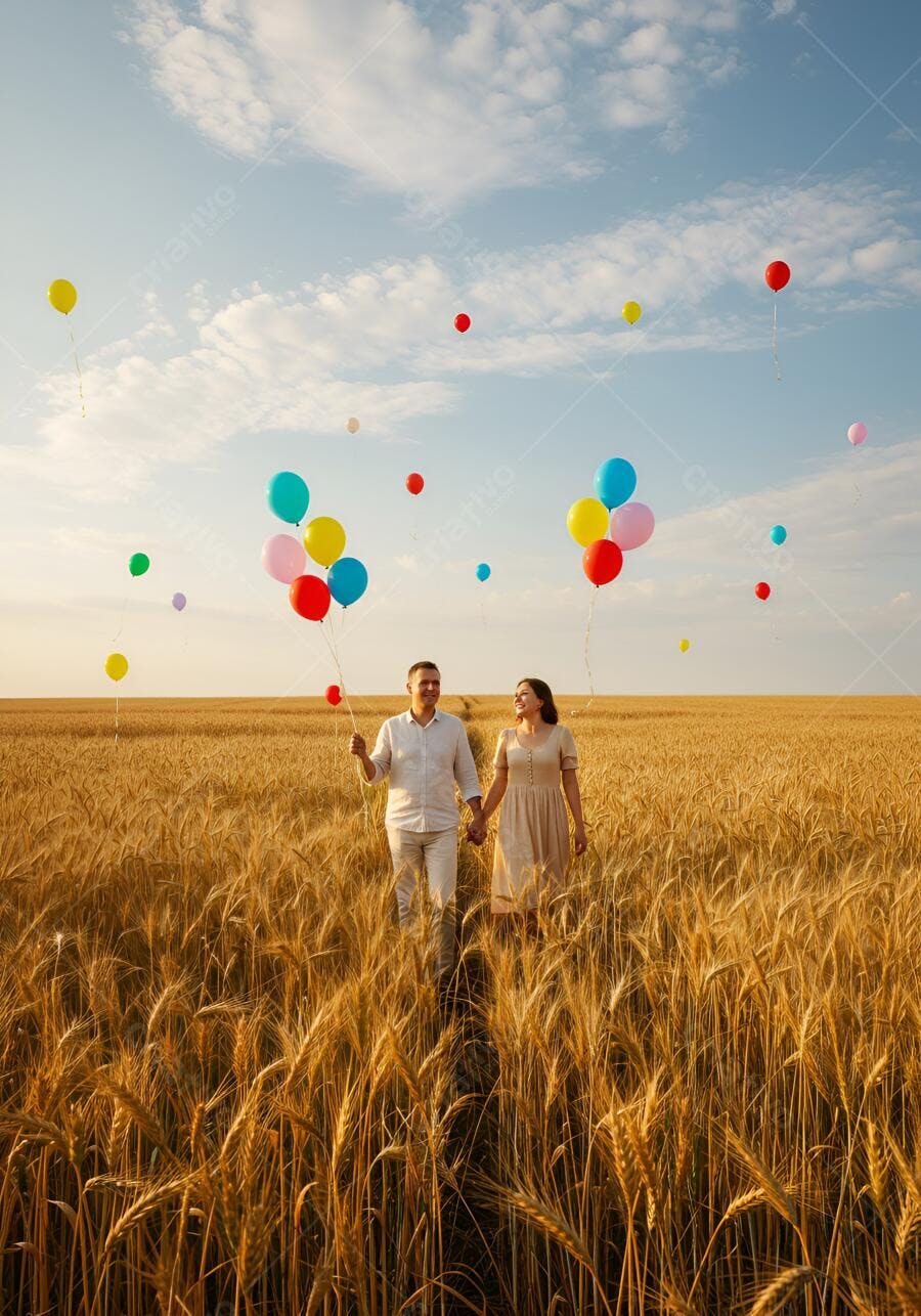 Casal feliz de mãos dadas com balões coloridos em campo de trigo dourado ao pôr do sol