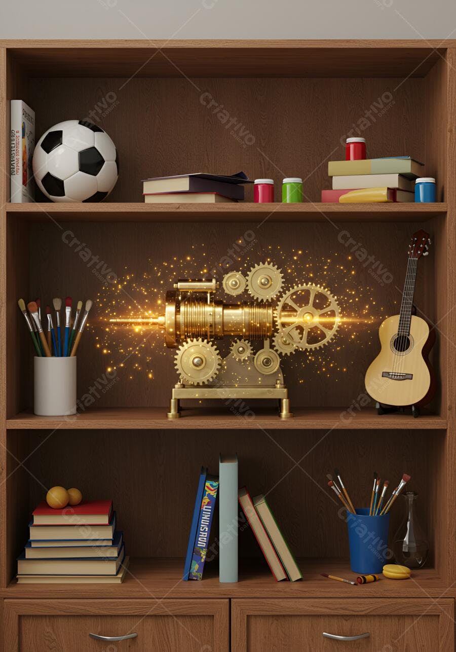 Estante de madeira com máquina steampunk dourada brilhante livros arte violão e bola de futebol