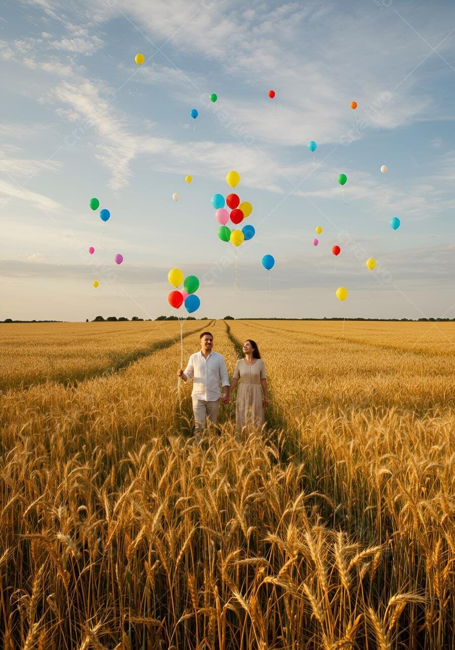 Casal feliz de mãos dadas em campo de trigo dourado com balões coloridos ao entardecer