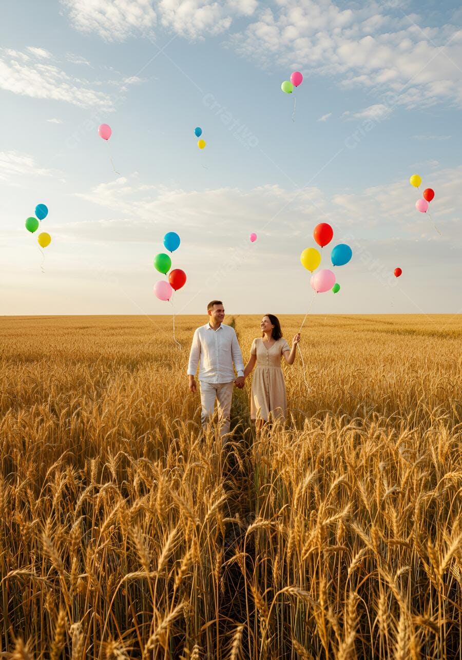 Casal feliz caminhando em campo de trigo com balões coloridos no pôr do sol