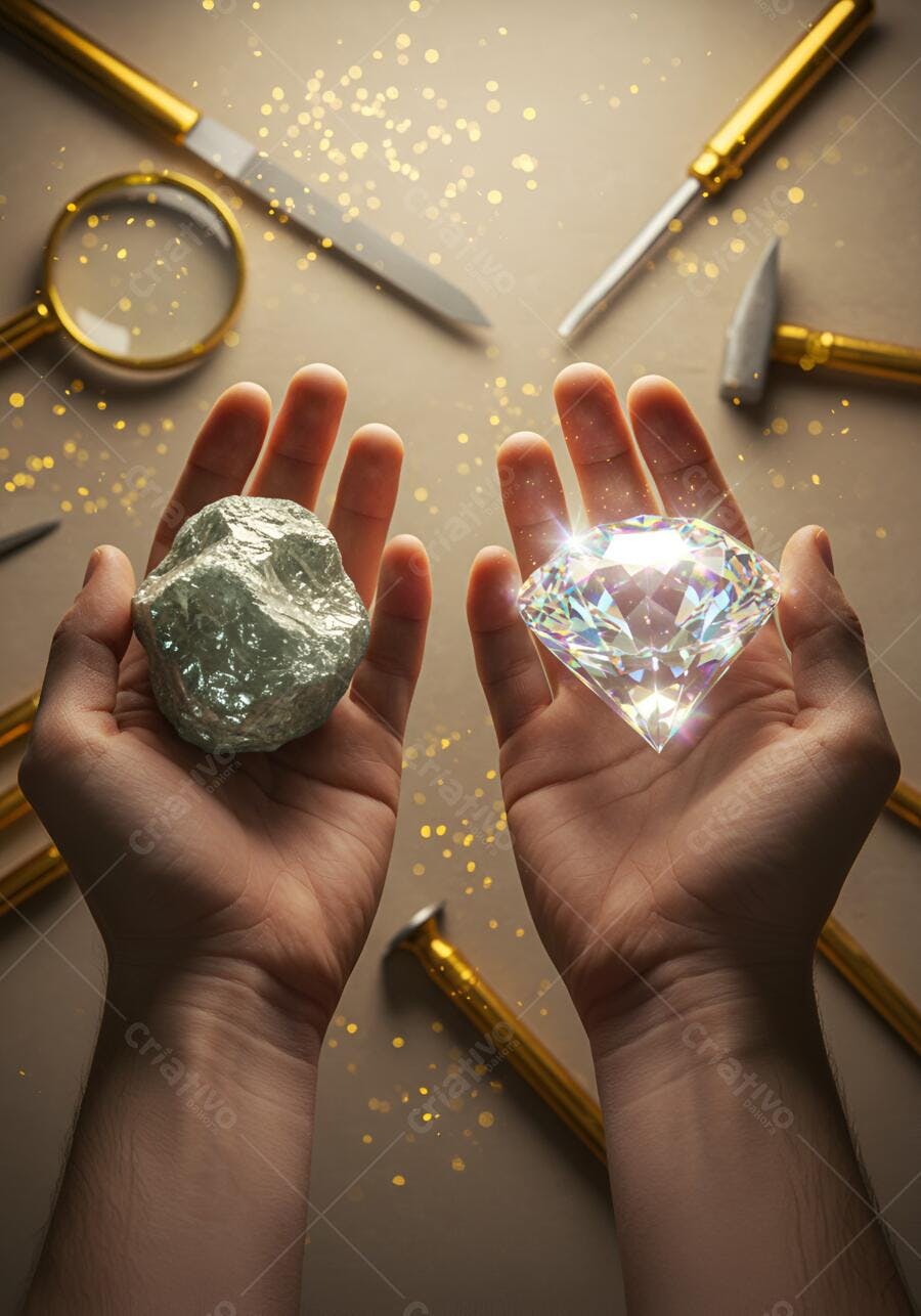 Mãos segurando diamante bruto e lapidado ferramentas de ourivesaria brilho dourado