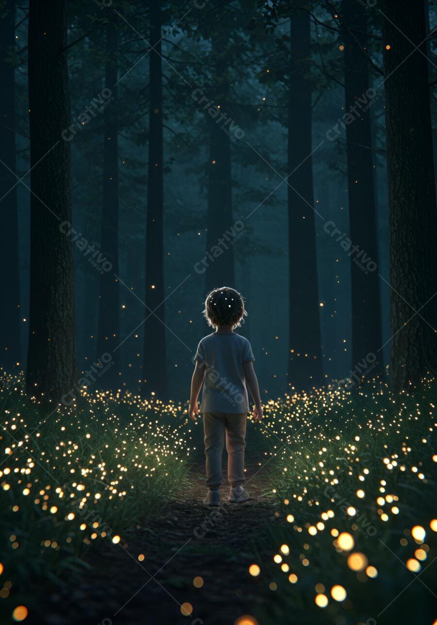 Menino pequeno caminhando em floresta escura com luzes douradas cintilantes e árvores altas