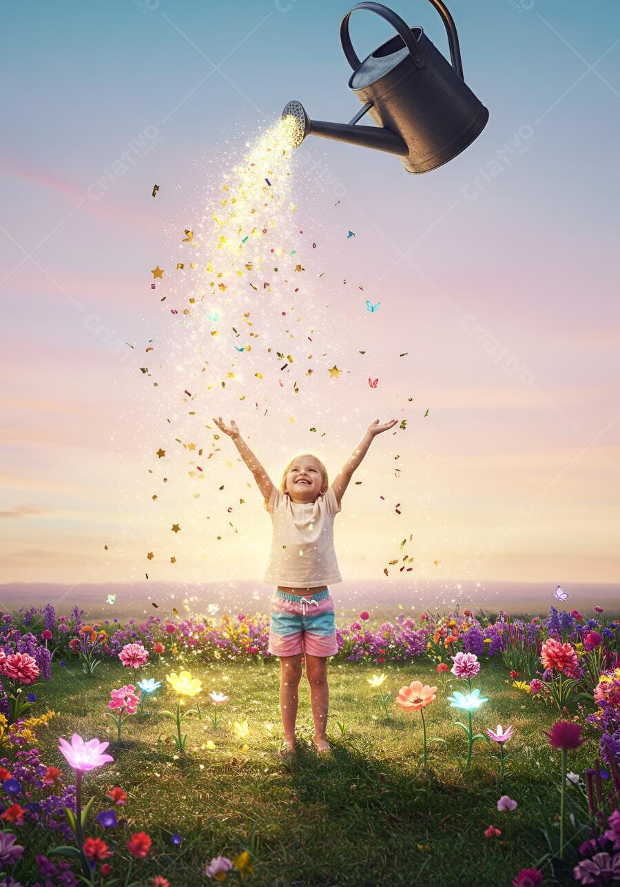 Menina feliz loira sorrindo em campo de flores mágico com confete dourado ao entardecer