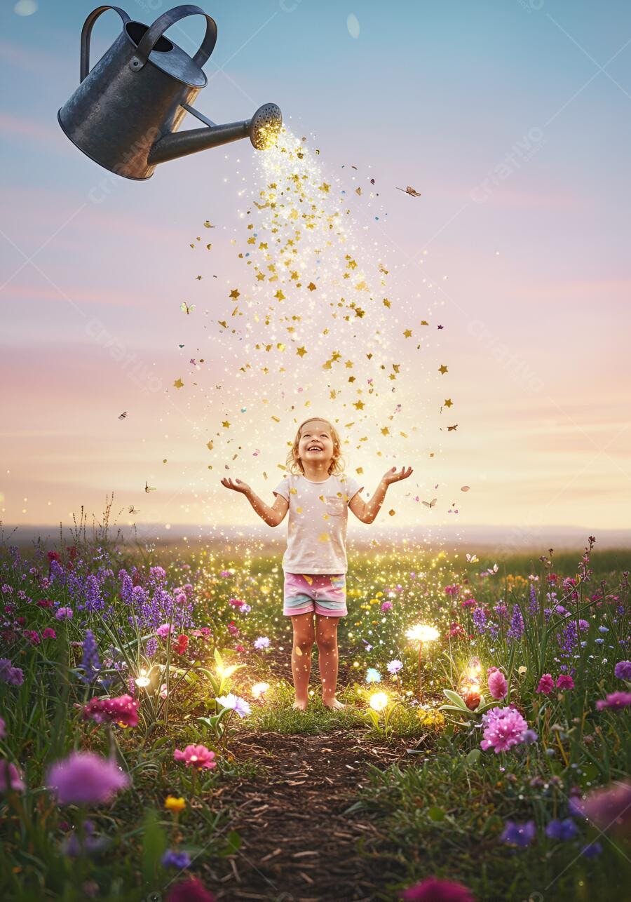 Menina feliz recebendo chuva de estrelas douradas em campo florido ao entardecer