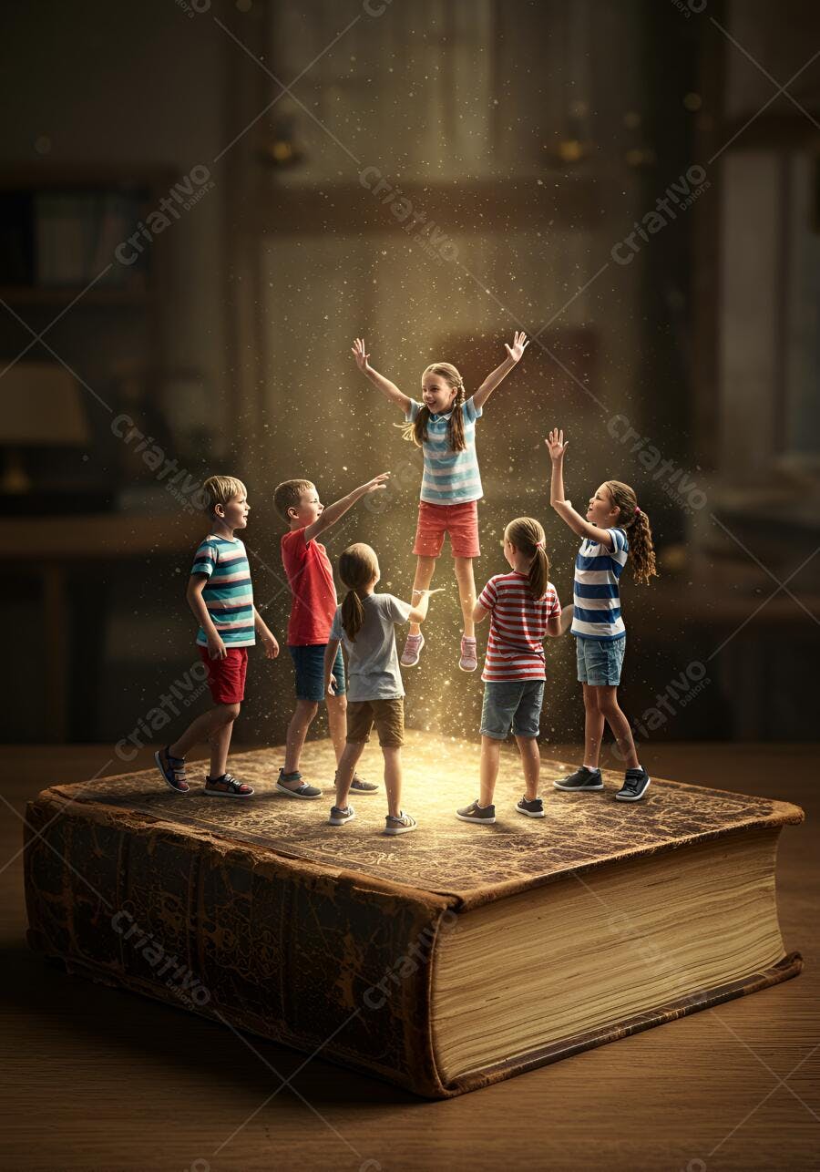 Crianças felizes pulando em livro antigo com luz mágica e atmosfera lúdica