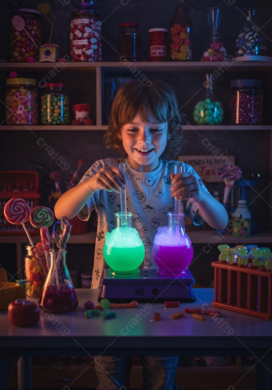 Criança cientista sorridente com experimento de líquidos verdes e roxos efervescentes
