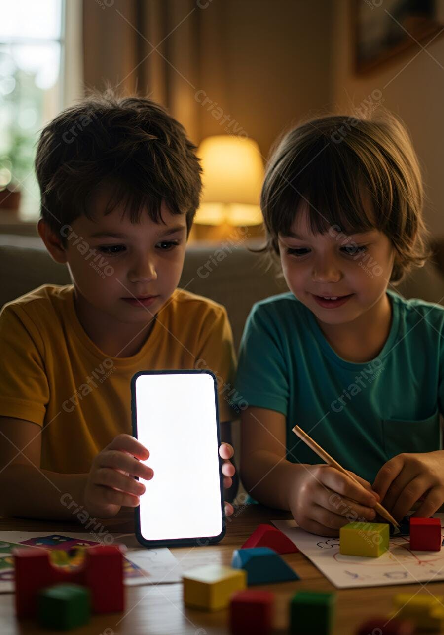 Dois meninos focados em smartphone e blocos de montar coloridos