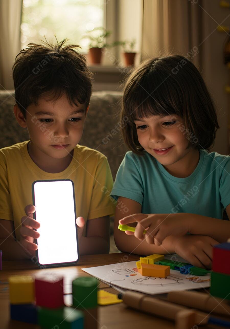 Crianças focadas no celular com tela brilhante menino amarelo menina azul