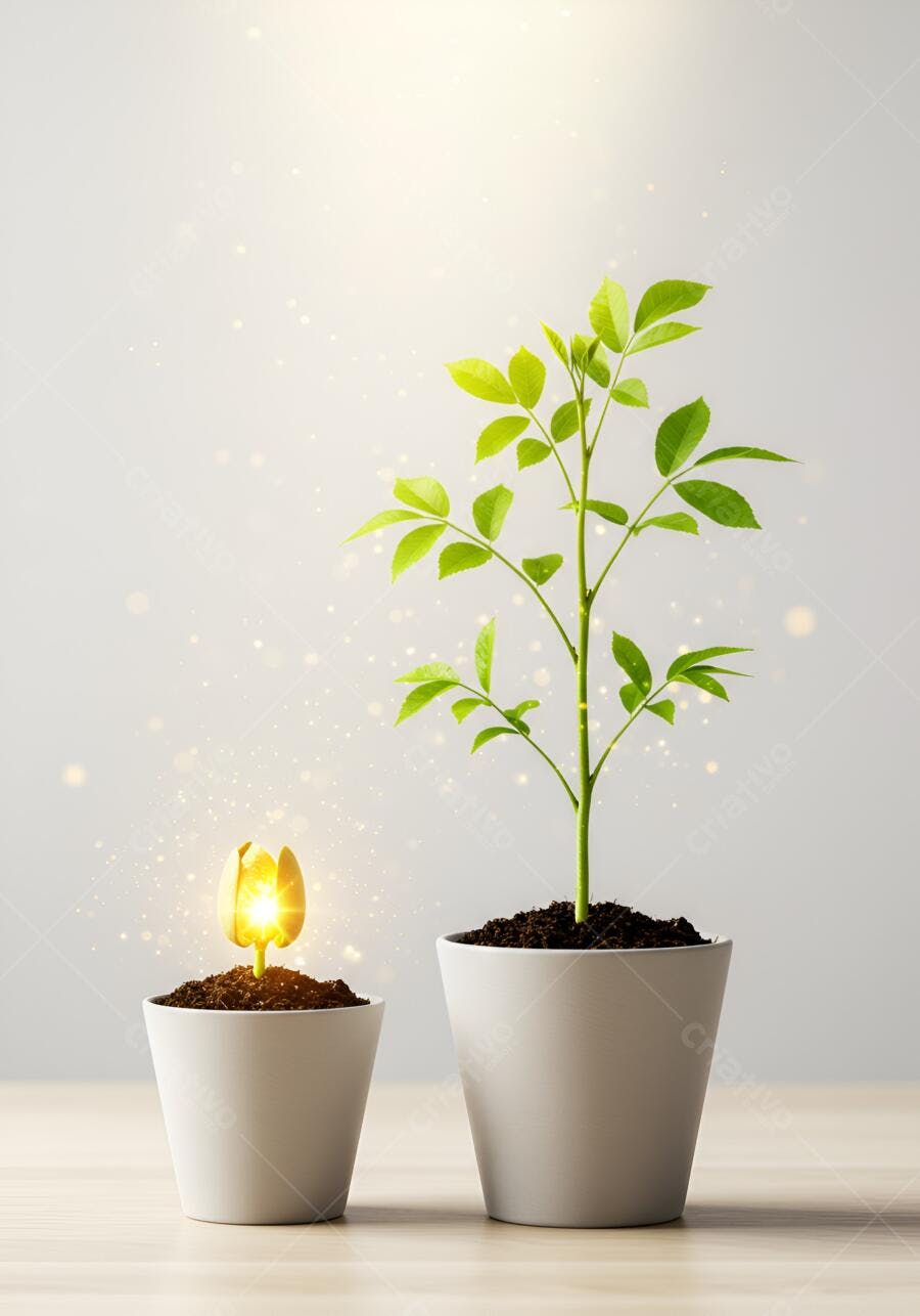Semente brotando e planta jovem em vasos brancos com luz brilhante