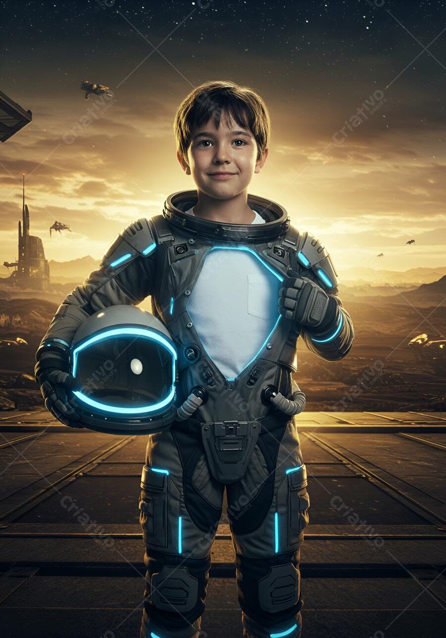 Menino astronauta sorrindo traje espacial cinza e azul em cenário de planeta alienígena