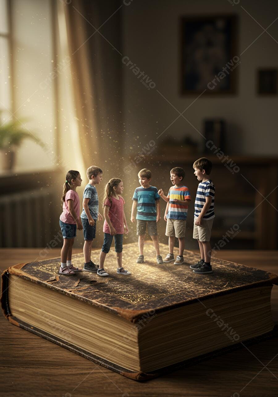 Crianças diversas interagindo sobre livro gigante antigo com luz mágica em sala